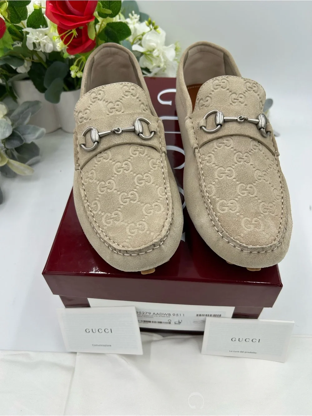 Men's Gucci, GG embossed suede driver loafers size 11 fits 12 US made in Italy